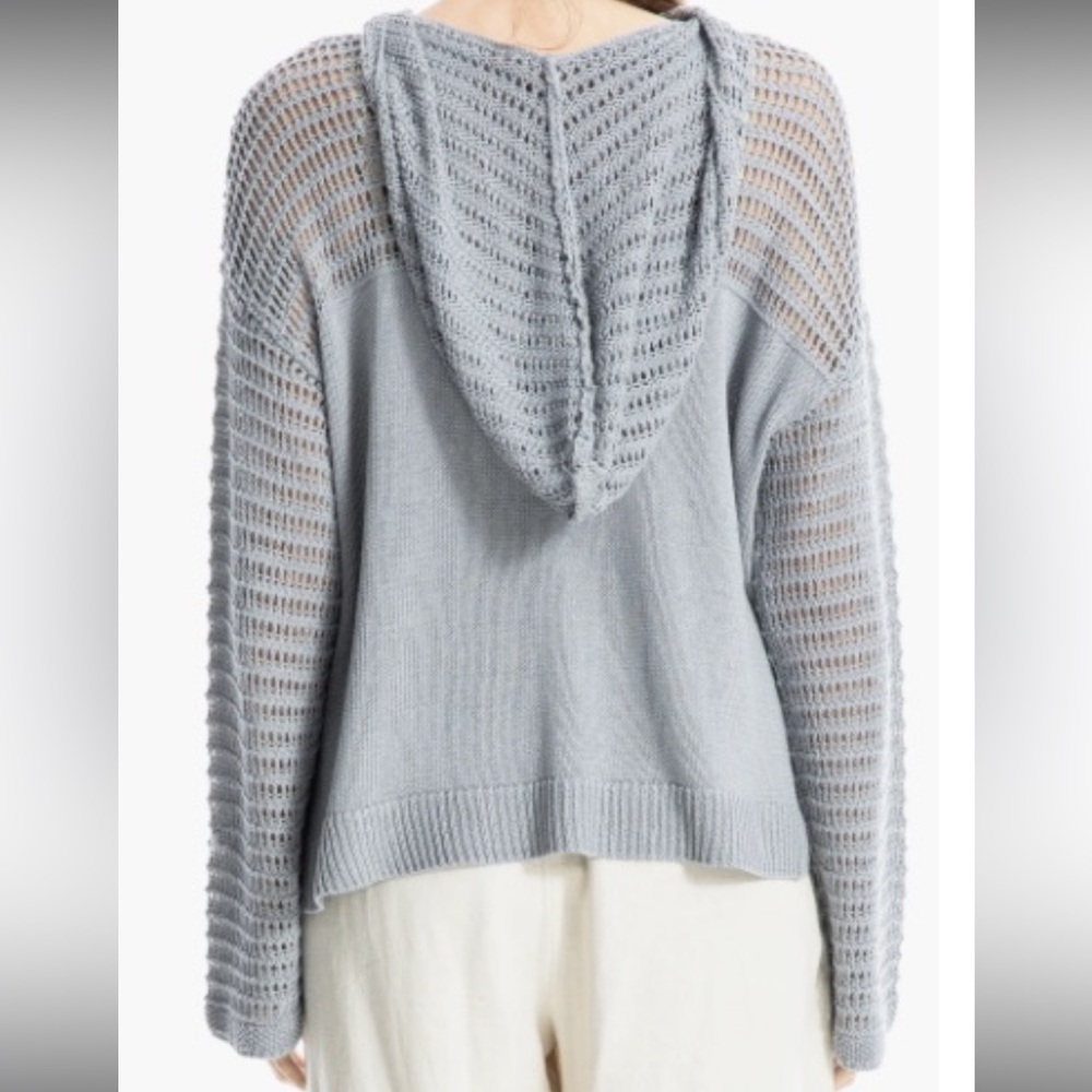 Max Studio Women's Light Gray Mesh Pointelle Hooded Sweater - Picture 3 of 6